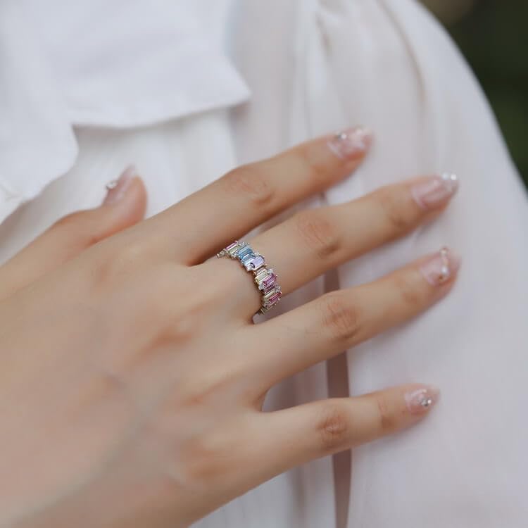 WES 925 Sterling Silver Colorful Rainbow Cubic Zirconia Eternity Rings for Women, Size 6-8 - Image 6