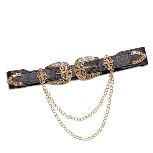 Image of Dubulle Womens Belt Chain Leather Belts Vintage Western Adjustable Elastic Double Buckle for Cowboy Pant Dress