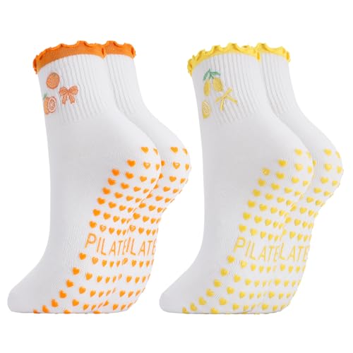 Image of Jspupifip 2 /4 /5 Pairs Womens Embroidery Non Slip Pilates Yoga Socks | Cute Grippy Crew Socks Offered Fit Barre Workout Hospital Indoor Barefoot Daily Activities For Ladies