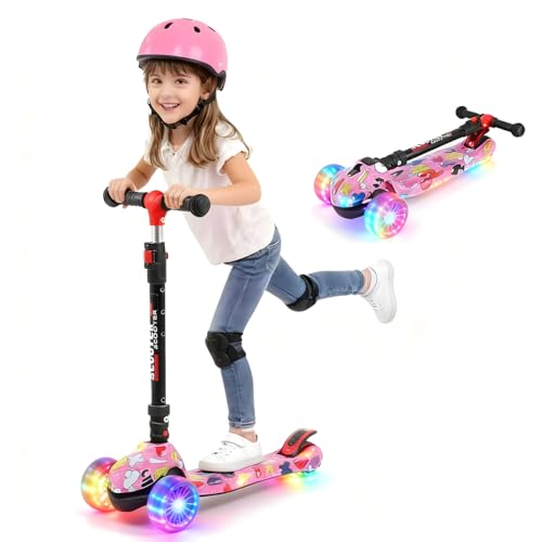 Patinete para niños de 3 a 12 años, patinete plegable de 3 ruedas con manillar de altura ajustable, superficie extra ancha para actividades al aire libre (rosa)