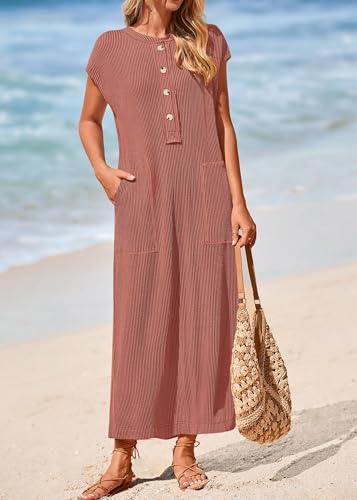 Image of KIRUNDO Womens Summer Ribbed Knit Short Sleeve Maxi Dress | 2026 Spring Henley Button Up Knitted Tshirt Dress, Loose Beach Vacation Sundress, Teacher Dress, Loose Fit Nursing Friendly