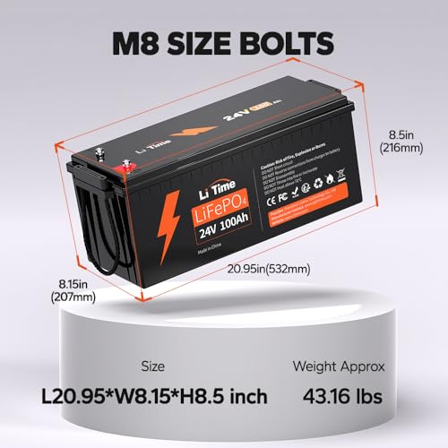 Image of LiTime 24V 100Ah LiFePO4 Lithium Battery with 29.2V 40A LiFePO4 Battery Charger, Built-in 100A BMS, Up to 15000 Cycles, Max. 2560W Load Power for RV /Camper, Solar, Trolling Motor, Marine, Off-Grid