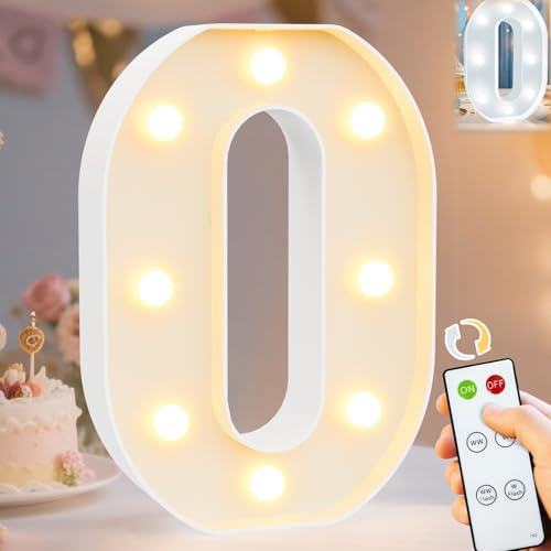 Image of Pooqla LED Light Up Numbers, Marquee Number with Remote for Birthday Decoration, Lighted Numbers Gift for Boys Girls Party Backdrop Wedding Anniversary Decor, Warm White and Cool White Number 0