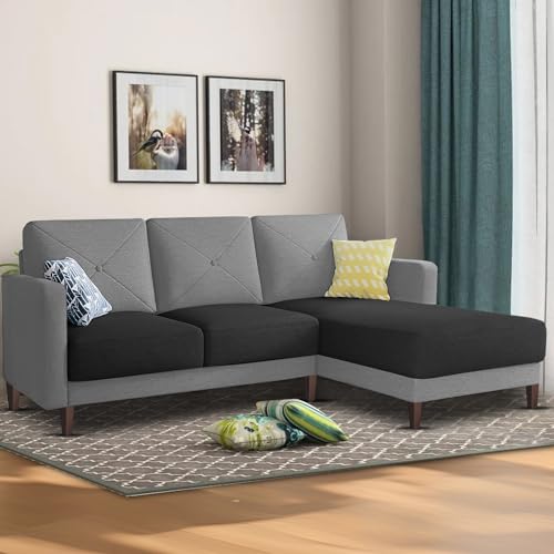 Image of Baloney RHS 4 Seater L Shape Sofa Set for Living Room (Black Grey Fabric) Premium Fabric Sofa