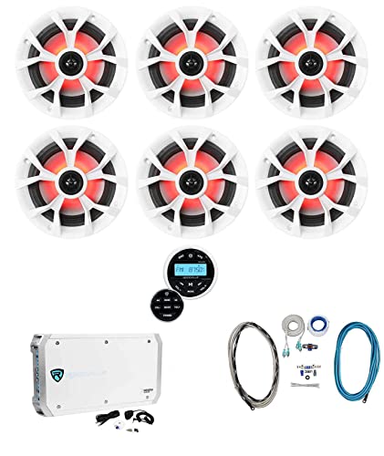 Rockville RKL65MBW Bundle: (6) 6.5 in 700-Watt Boat Speakers w/LED RXM-S6 2600W 6-Channel Amplifier RMWK4 4 AWG Marine Amplifier Wire Kit RGHR2 Marine Gauge Hole Receiver 9-Items