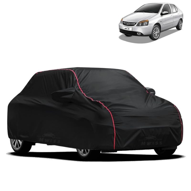 Image of Waterproof Car Cover for Tata Indigo ECS | All-Weather Protection, Dustproof & UV Resistant | Triple Stitched Mirror Pockets, Windproof Buckle Strap with Elastic Hem, Black-Red Piping