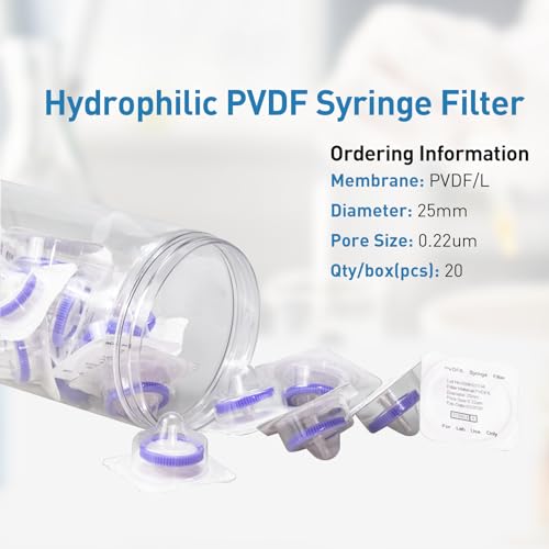 Image of Sterilized Syringe Filter PVDF 20 Pack, 0.22 um Pore Size, 25 mm Membrane Diameter, Hydrophilic Filtration Sterile Packed Individually