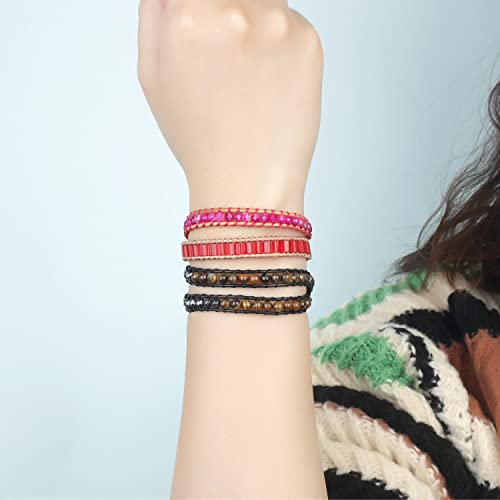 Image of KELITCH Double Wrap Bracelet Women Hand-Braided Turquoise Beads Bracelets Boho Leather Bracelets Bangle