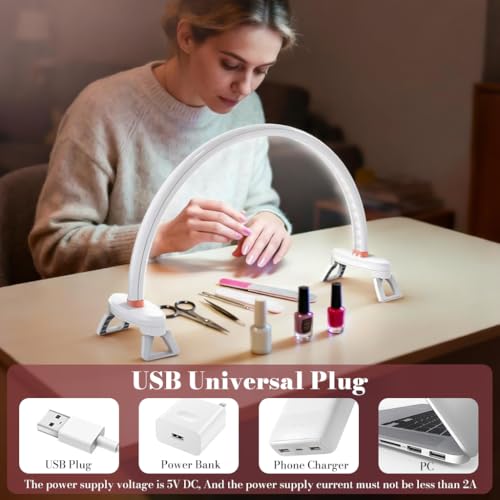 Image of ELEPHANTBOAT USB Arch LED Desk Lamp, Work Light for Nail Art, Flicker-Free 3-Color Dimmable Desk Lamp with Controller, Folding Feet Design, Half Moon Light for Nail, 16.7x8.8''