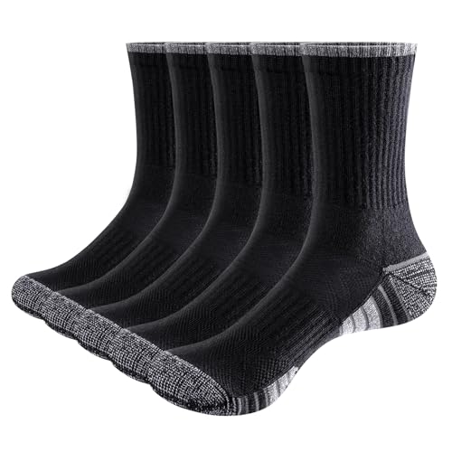 YUEDGE 5 Pairs Ladies Black Cushioned Walking Sports Socks For Women 4-7, Moisture Wicking Anti-Odor Breathable Cotton Casual Everyday Work Gym Tennis Running Training Athletic Crew Socks
