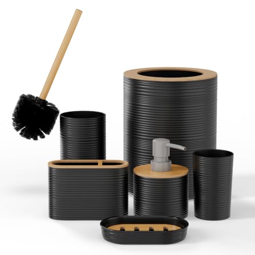 Image of Lifelong Bathroom Accessories Set of 6 with Bamboo Finish | Complete Bathroom Organizer Kit with Soap Dispenser, Toothbrush Holder, Tumbler, Soap Dish, Toilet Brush & Dustbin | Black