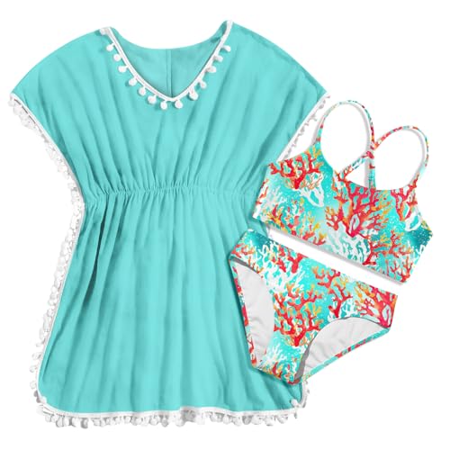 Image of Goodstoworld 7-12Y Girls 3 Piece Cover Up Swimsuit Hawaiian Bikini Bathing Suit with Pompom Tassel