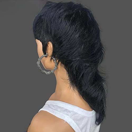 Mullet Wig Pixie Cut Wigs Human Hair for Women Shaggy Layered 70s 80s 90s With Bangs For Black Natural Glueless Wolfcut Straight Brazilian Wigs(1B)