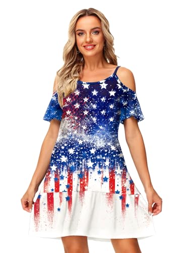 Image of Deerose Womens 4th of July Dresses Cold Shoulder American Flag Tie Dye A-Line Dress with Pockets