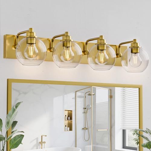 Image of 4 Light Bathroom Light Fixtures-Brushed Gold Bathroom Vanity Lights, Modern Vanity Lights 4-Light Bathroom Lighting Fixtures Over Mirror with Clear Glass Globe Shade