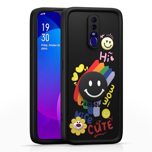Image of Pikkme Back Cover for Oppo F11 | Soft Silicone| Cute Rainbow Smile & 3D Cartoon Flower Design | Shockproof Raised Camera Protection Bumper Case (Black)