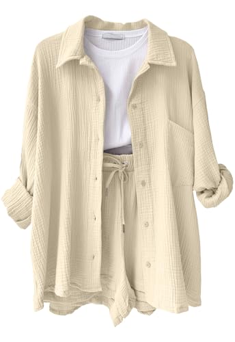 CheChury Zweiteiler Damen Sommer Kurzarm Musselin Bluse Hemd und Shorts...