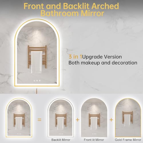 Image of 24 inchx36 inch Arched LED Mirror for Bathroom, Brushed Gold Lighted Bathroom Mirror with Lights, Fogless, Dimmable, Shatterproof, Touch Sensor, 3 Color Changing