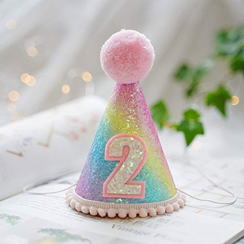 Princess Tiara Crown, Glitter Girls Kids First Birthday Hat Sparkle Sequined Party Supplies Number 2 Headband Little Princess Cake Smash Photo Prop for Baby Show 2nd Rainbow Cone Hat4