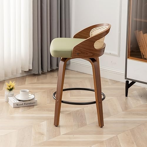 Image of 30 inch Swivel Rattan Bar Stools Set of 3 Mid-Century Modern Faux Leather Upholstered Bar Height Stools Kitchen Island Barstool with Rattan Low Backrest,Walnut Wood Finish Bar Chairs,Green PU