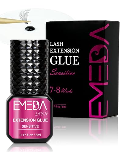 EMEDA Sensitive Eyelash Extension Glue, Extra Strong 8 Weeks / 1 Sec Drying Time Lash Adhesive Hypoallergenic Formaldehyde-Free Professional Black Eyelash Glue for Salon Lash Tech Use (Sensitive 5ml)
