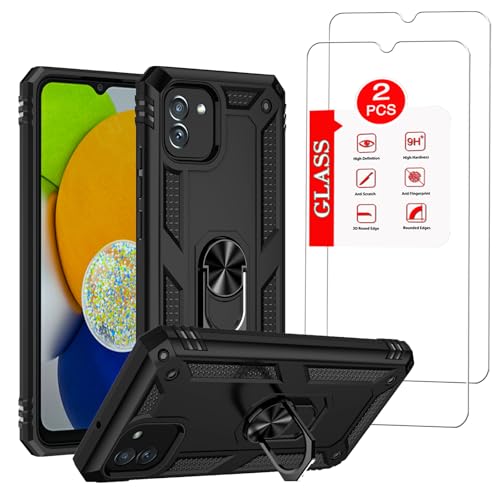 for Samsung Galaxy A03 Case with [2 Pack] Tempered Glass Screen Protector, for Galaxy A03 Heavy Duty Armor [Military-Grade] Protective，with Magnetic Kickstand for Samsung A03 Phone Case Black