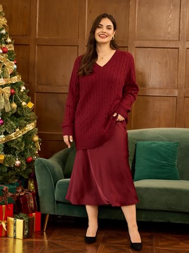 Image of CARCOS Plus Size Sweaters for Curvy Women Long Sleeve Cable V Neck Sweater Knit Pullover Preppy Style Fall Winter XL-5XL