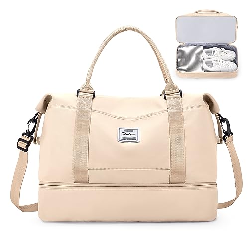 SYCNB Weekender Bags for Women,Personal Item Travel Bag with Shoes Compartment,Overnight Travel Duffel Bag,Gym Bag,Beige