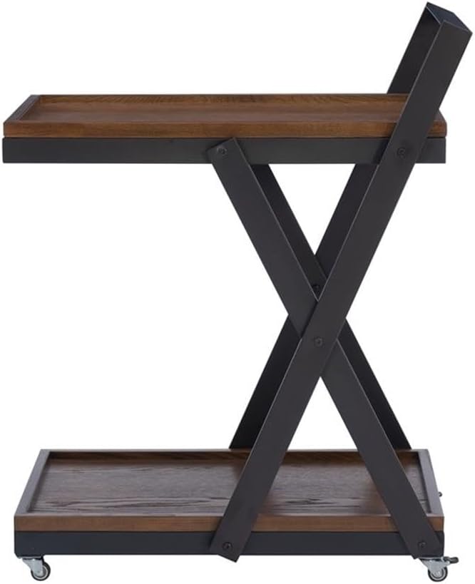 Linon Carley Dark Rustic Wood 2 Level Rolling Bar Cart with Metal Frame in Black