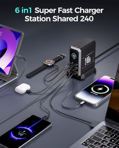 Image of USB C Charger Block, 240W GaN USB C 6-Port Charger Station, Laptop Power PD Adapter with Touch Control and Color Display, Charging Station for Ma Book, 1Phone, Sam /Sung, Laptop, 1Pad, Desktop (HW186)