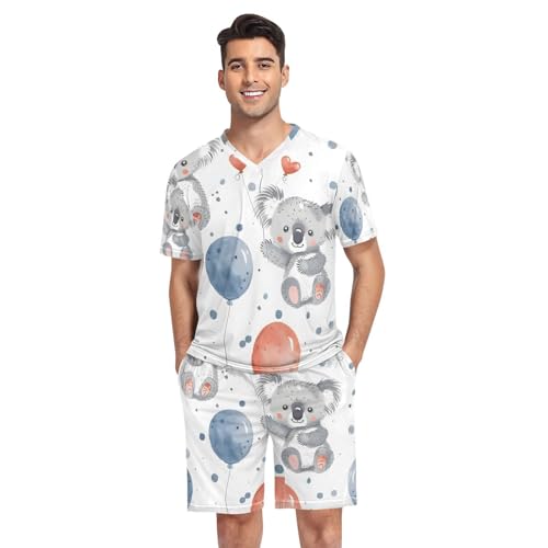 Men's Pajama Set Cartoon Koalas and Balloons Short Sleeve with Shorts Pockets Sleepwear Set Summer Loungewear