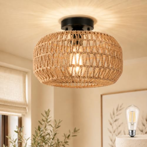 Image of SERBASIC Rattan Ceiling Lights Boho Chandeliers with Bulb,Livingroom Ceiling Light Fixture with E27 Base for Hallway,Kitchen,Dining Room,Bedroom