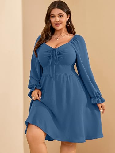 RWJ Women Plus Size Long Sleeve Dress Fall Mini Wedding Guest Tie Front Sweetheart Neck A-Line Casual Dresses 20254
