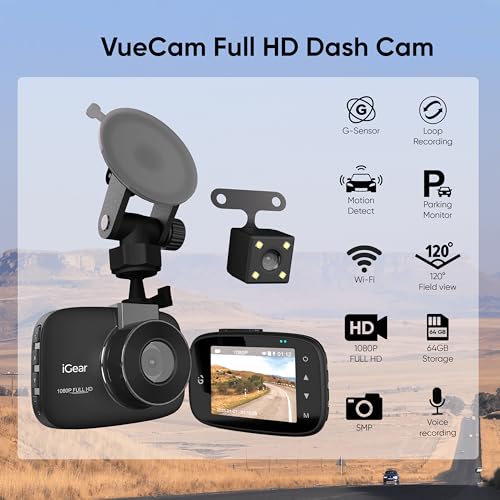 Image of iGear VueCam Full HD 1080P Car Dash Cam, Front & Rear Recording, 2.2 inch LCD, G-Sensor, Parking Mode, Motion Detection | Loop Recording, Wi-Fi App Control, Type-C, Wide Angle 140, Supports 64GB Micro SD