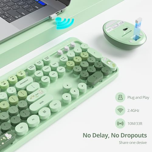Image of GTSP Typewriter Colorful Green Wireless Keyboard and Mouse Combo, 2.4GHz Full-Size Retro Cute Office Computer Keyboard with Round Keycaps for Desktop Laptop and PC (Colorful Green)