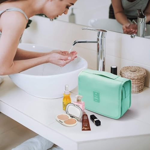Image of Travel Toiletry Bag, Light Blue | Hanging Hook, Waterproof, Foldable, Mesh & Transparent Compartments