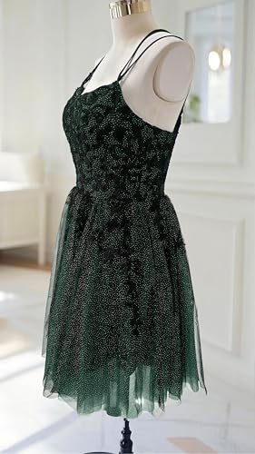 Spaghetti Strap Tulle Short Homecoming Dresses 2025 for Teens Glitter Lace Appliques Pockets Gothic Prom Dress4