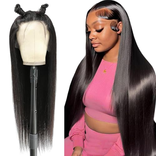 Image of LETMIEO 28 Inch 13x6 Lace Front Wigs Human Hair Straight Wigs Human Hair 13x6 Real 100% Virgin Hair 180 Density HD Transparent Lace Frontal Wigs for Women Glueless Wigs Human Hair Natural Color