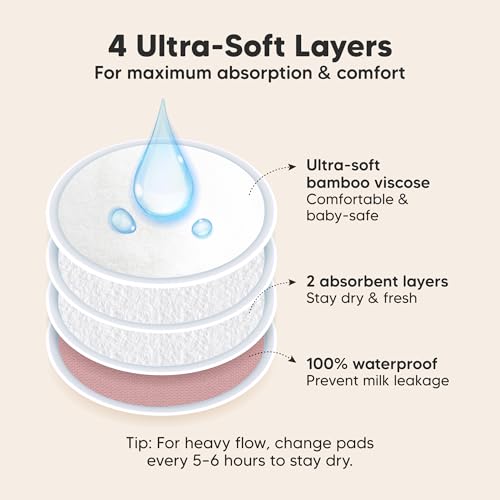 Image of Organic Nursing Pads - 14 Washable Breast Pads for Breastfeeding, Wash Bag, Viscose Derived from Bamboo Reusable Nipple Covers for Breastfeeding Essentials, Soft & Absorbent (Lovelle, L 5 inch)