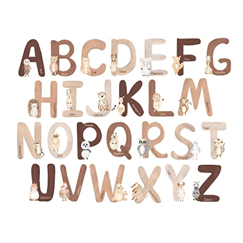Image of Neutral Animal Alphabet Wall Decals - Extra Large 6 Inch Alphabet Letters for Wall - 26 English ABC Wall Stickers for Kids with Cute Watercolor Animals - ABC Wall Decor for Neutral Nursery - Playroom