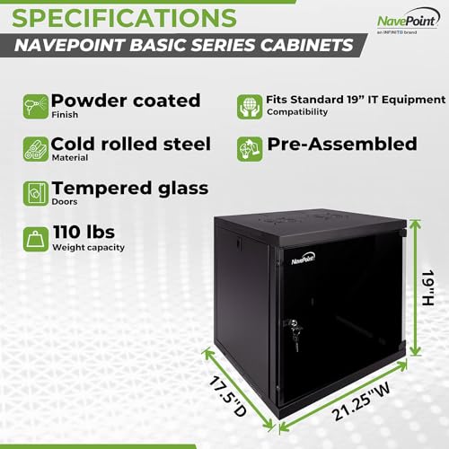 Image of NavePoint 9U Wall Mount Network Cabinet for 19 inch IT Equipment with Lockable Glass Door & Removable Side Panels, 2 Fans, 17.7 inch Deep, Pre-Assembled