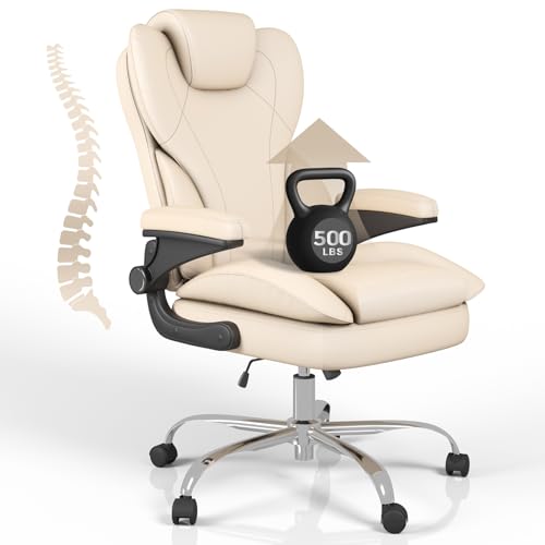 Big and Tall Office Chair, Ergonomic Home Computer Desk Leather Chair with Padded Flip-up Arms, 360°Swivel Free, High Back Executive Office Chair, for Adult Working Study, Beige
