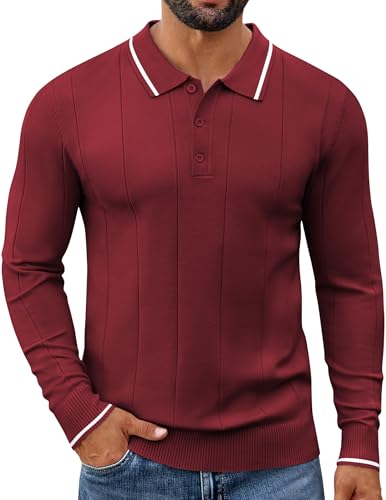 Image of COOFANDY Men's Jumpers Polo Shirts Long Sleeve Knit Sweaters Burgundy M