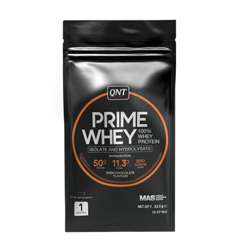 Image of QNT Prime Whey Protein Powder | Irish Chocolate, 1 Serving Sachet | Triple Blend of Whey Isolate, Concentrate & Hydrolysate | 25g Protein, 5.65g BCAA per Scoop | Best Whey Protein Powder for Men & Women