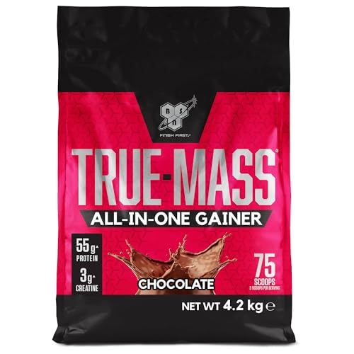 BSN True Mass All-In-One Gainer Protein- und Kohlenhydratpulver mit Kreatin, Glutamin, Vitamin D und Zink, Muskelzuwachs- und Erholungstrainingpulver, Schokoladengeschmack, 25 Portionen, 4,2 kg