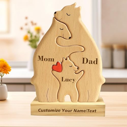 Personalized Wooden Bear Puzzle with 2-7 Family Name Custom Family Name Sculpture, Personalised Gifts for Mom Dad Grandma Mother’s Day, Birthdays Anniversary