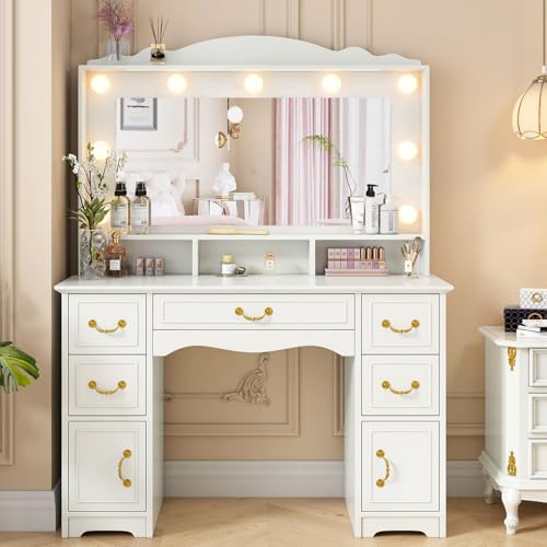 JanflyHome Vanity Desk with Mirror and Lights-Large Makeup Vanity Table with Power Outlet & 5 Drawers 3 Colors and Brightness Adjustable Large Mirror Modern Dressing Table for Bedroom White