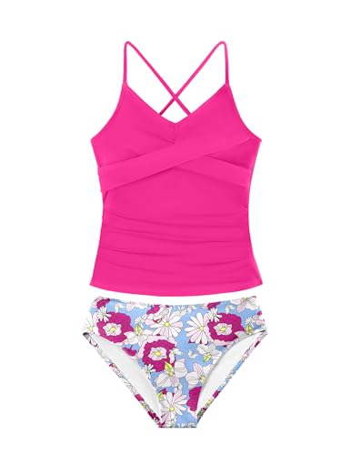 Image of Girls Swimsuit Tankini Criss Cross Ruched 2 Piece Bathing Suit Printed Girl Swimwear for Teens 9-16Y