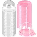 butterfunny 50 Sets 2.6' Clear Plastic Mini Cupcake Container Desk Pet Containers Muffin Pod Dome Muffin Single Holders(Pink)
