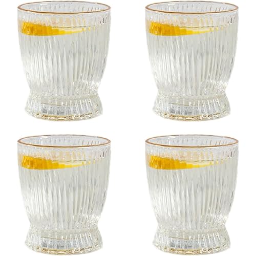 otoye 厚底耐熱ガラス製で広口・洗いやすい。お茶・ウイスキー・ビール・コーヒーなど多飲料対応,日常使い・来客用・オフィスに最適。おしゃれな透明デザインが雰囲気を引き立て,家庭用やプレゼントにも活用可能です。 (4個金色の輪郭)